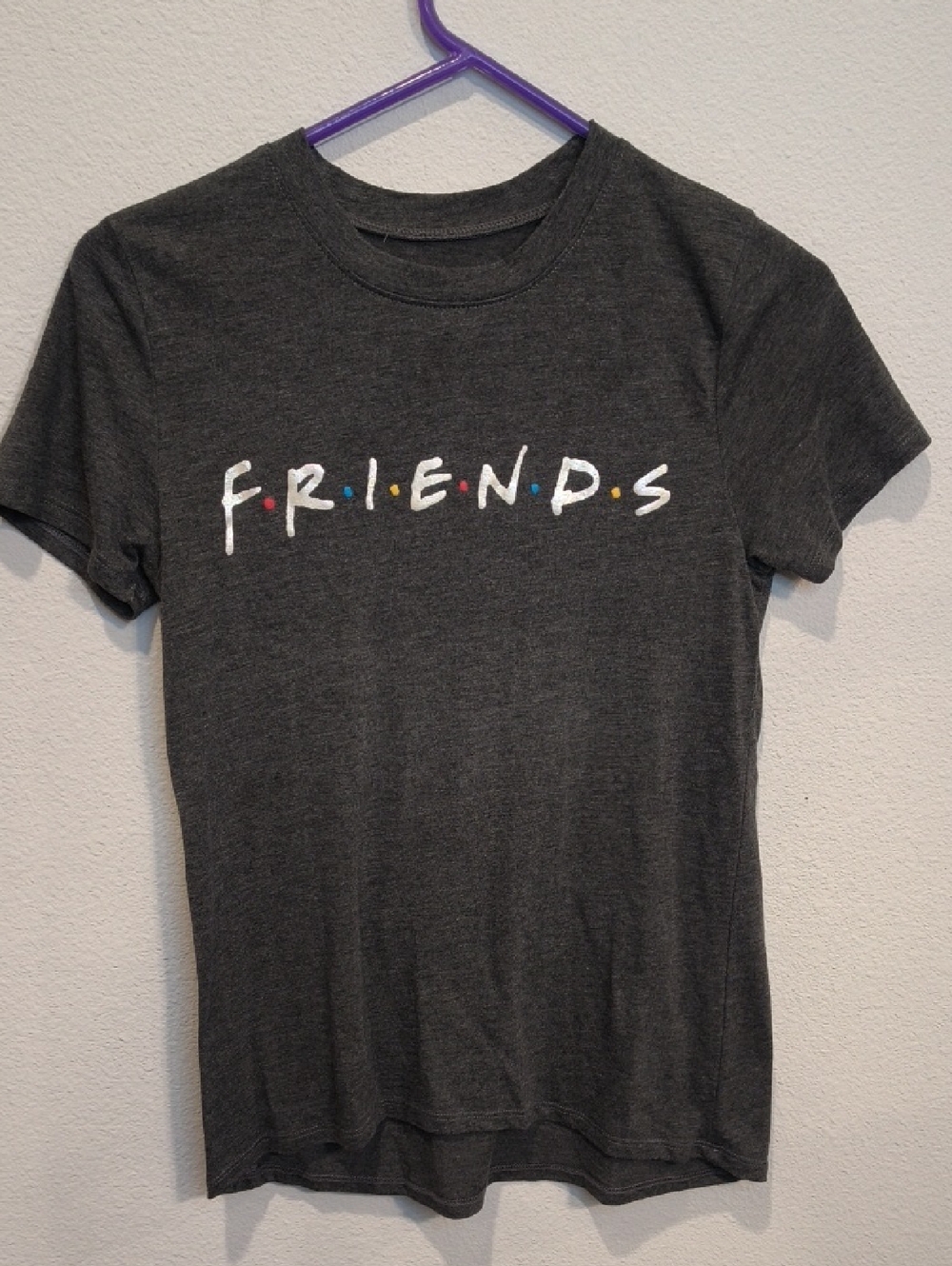FRIENDS Logo Tee in Charcoal and Purple Accent XS